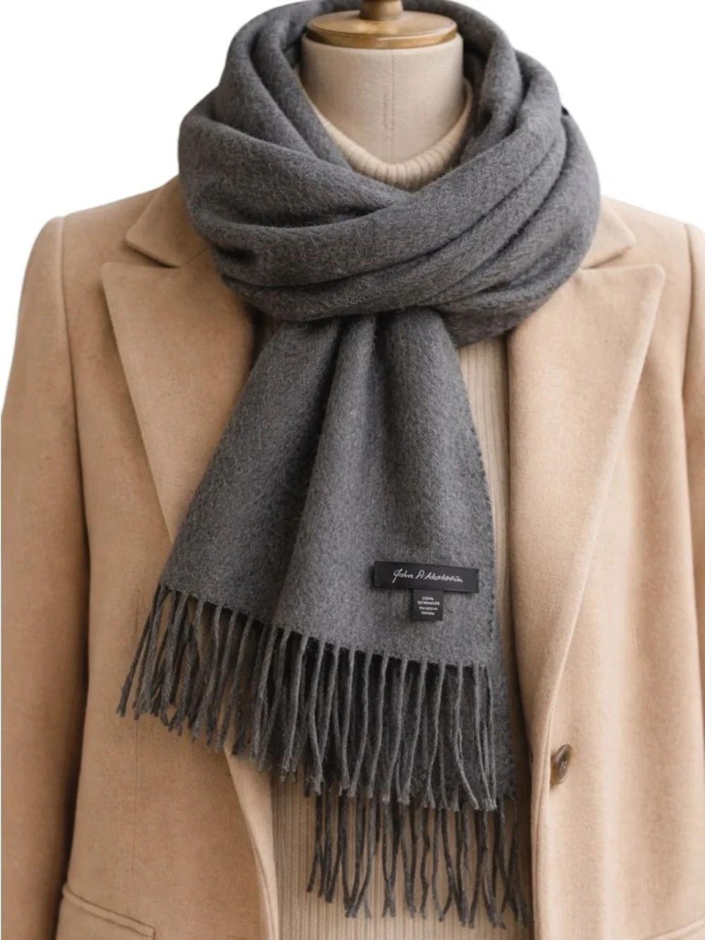 John W. Nordstrom Charcoal Gray Fringed Cashmere Scarf Luxury Old Money Winter